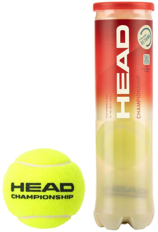 A yellow HEAD Championship Tennis Ball sits alongside a red and clear container labeled "HEAD." Renowned for their excellent durability, these balls are perfect for club players, and the canister conveniently holds four tennis balls.