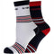 Check out the K-Swiss TAC Heritage Duo Sports Socks in White Navy. This set comprises two pairs of athletic socks—one white and one black—with stylish red, white, and black stripes around the ankle. Crafted for moisture absorption, these socks feature the "K-Swiss" logo near the cuff to combine style with comfort.