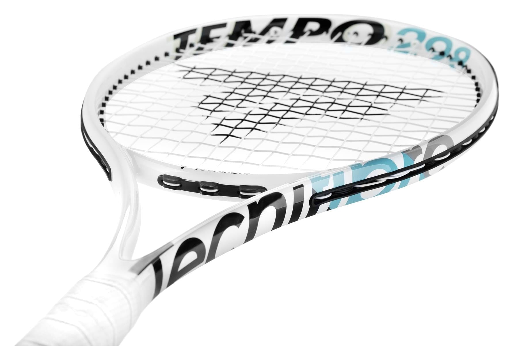 Close-up image of a Tecnifibre Tempo 298 Tennis Racket - White (Frame Only) with black and blue lettering on the frame. The strings are tightly strung for power and control, and the grip is wrapped in white tape. The brand name is partially visible.