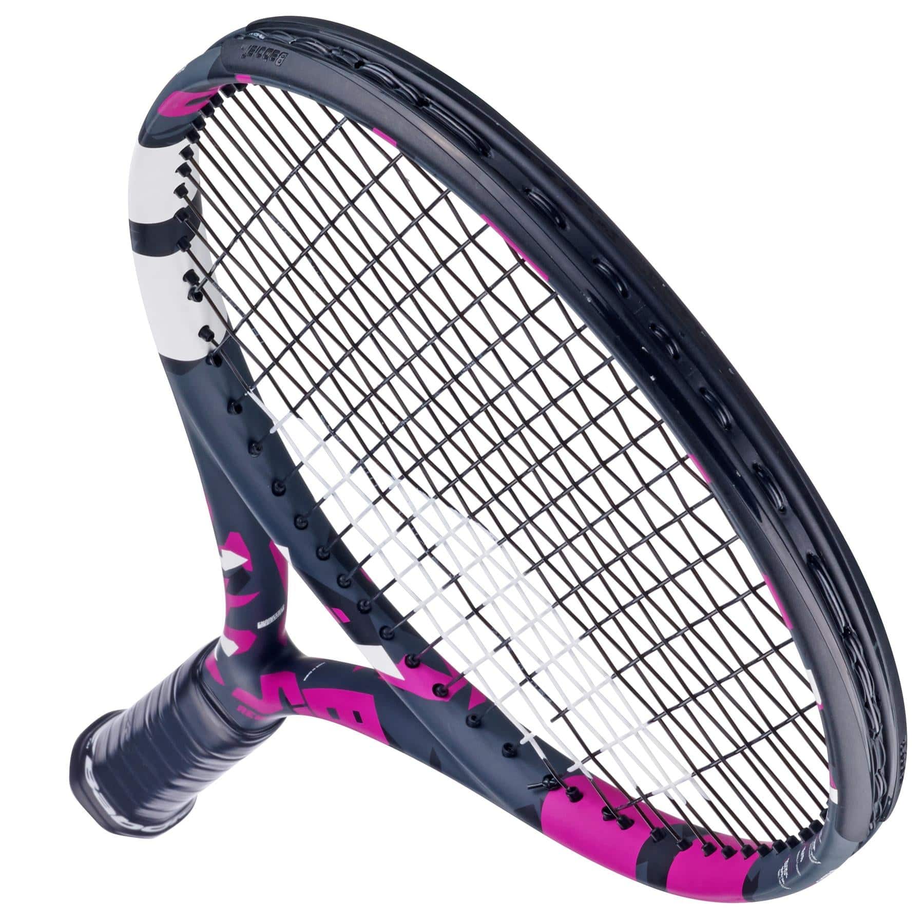 A close-up of the lightweight Babolat Boost Aero Pink 260g Tennis Racket by Babolat, featuring a black, white, and pink patterned frame with tightly strung strings, set against a white background.