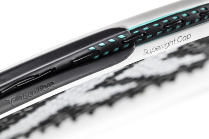 Close-up of the Tecnifibre Tempo 285 Tennis Racket - White (Frame Only), highlighting the "Tecnifibre" branding and "Superlight Cap" on its graphite performance frame, with Isoflex technology strings visible in the background.