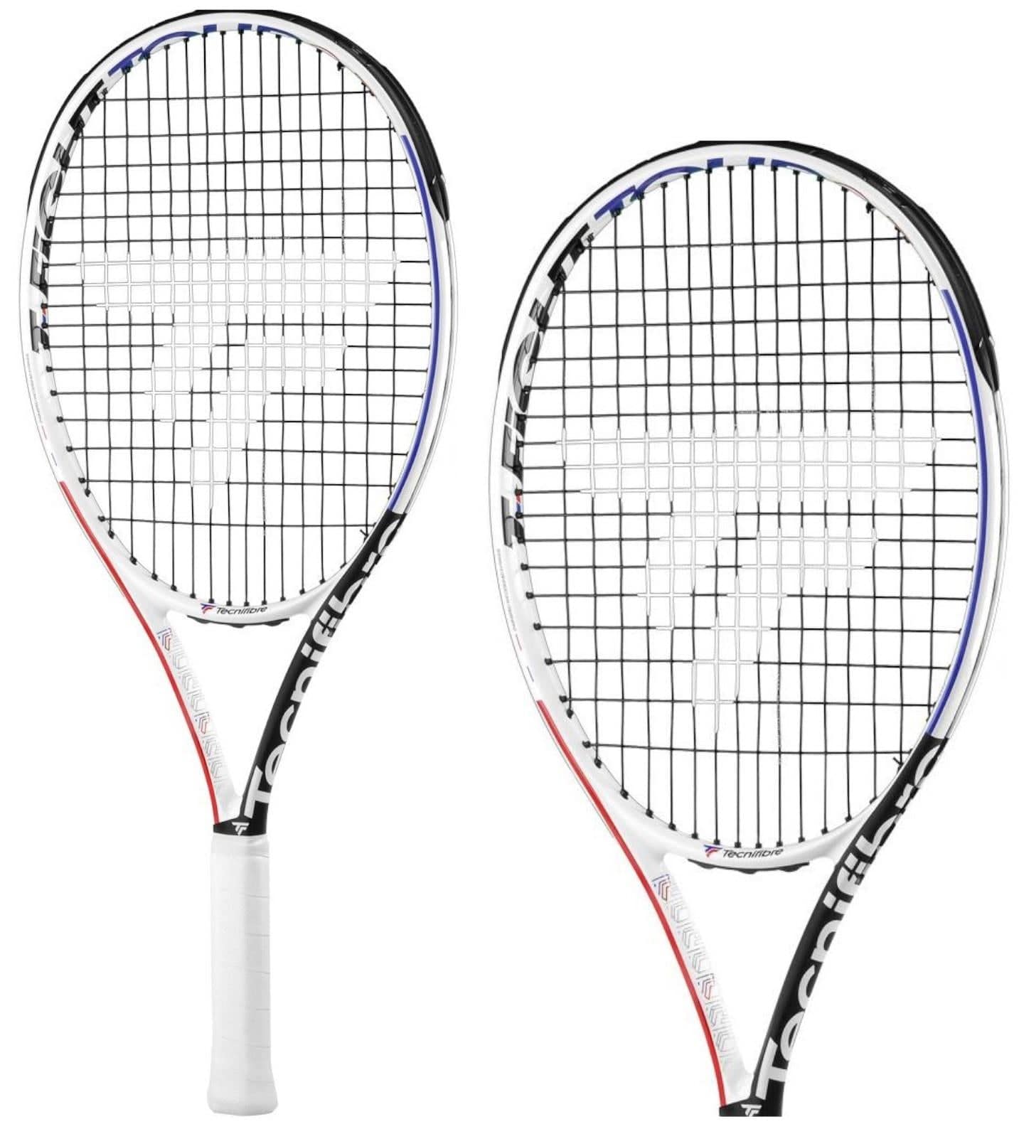 Two Tecnifibre T-Fight 26 Tour Junior Tennis Rackets, featuring white frames, black strings and grips, display the Tecnifibre brand name on the sides. With performance technology integrated, these rackets showcase a distinctive design with a patterned arrangement of white strings in the center.