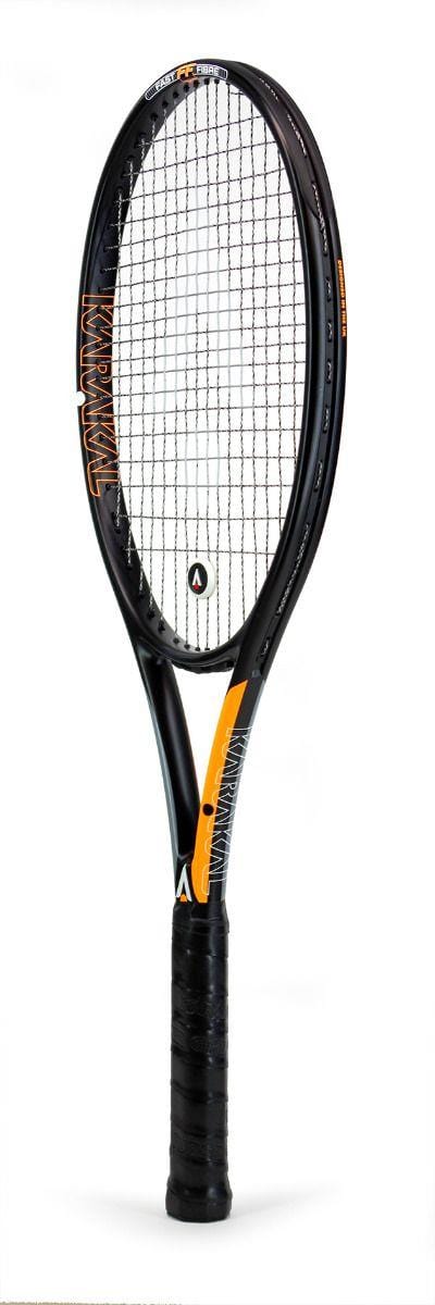 Introducing the stylish Karakal Graphite Pro 280 Tennis Racket - Black / Yellow, a lightweight tennis racket featuring a wrapped grip handle. It incorporates Fast Fibre Nano Graphite Gel technology and strings perfectly arranged across its oval head to enhance your performance.