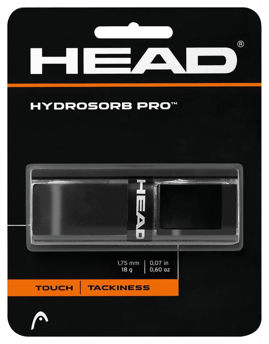 The packaging of the HEAD HydroSorb Pro Replacement Tennis Grip - Black highlights its elegant black design within a transparent plastic case. This tennis grip by HEAD focuses on "Touch" and "Tackiness," making it ideal for boosting your racket's performance.