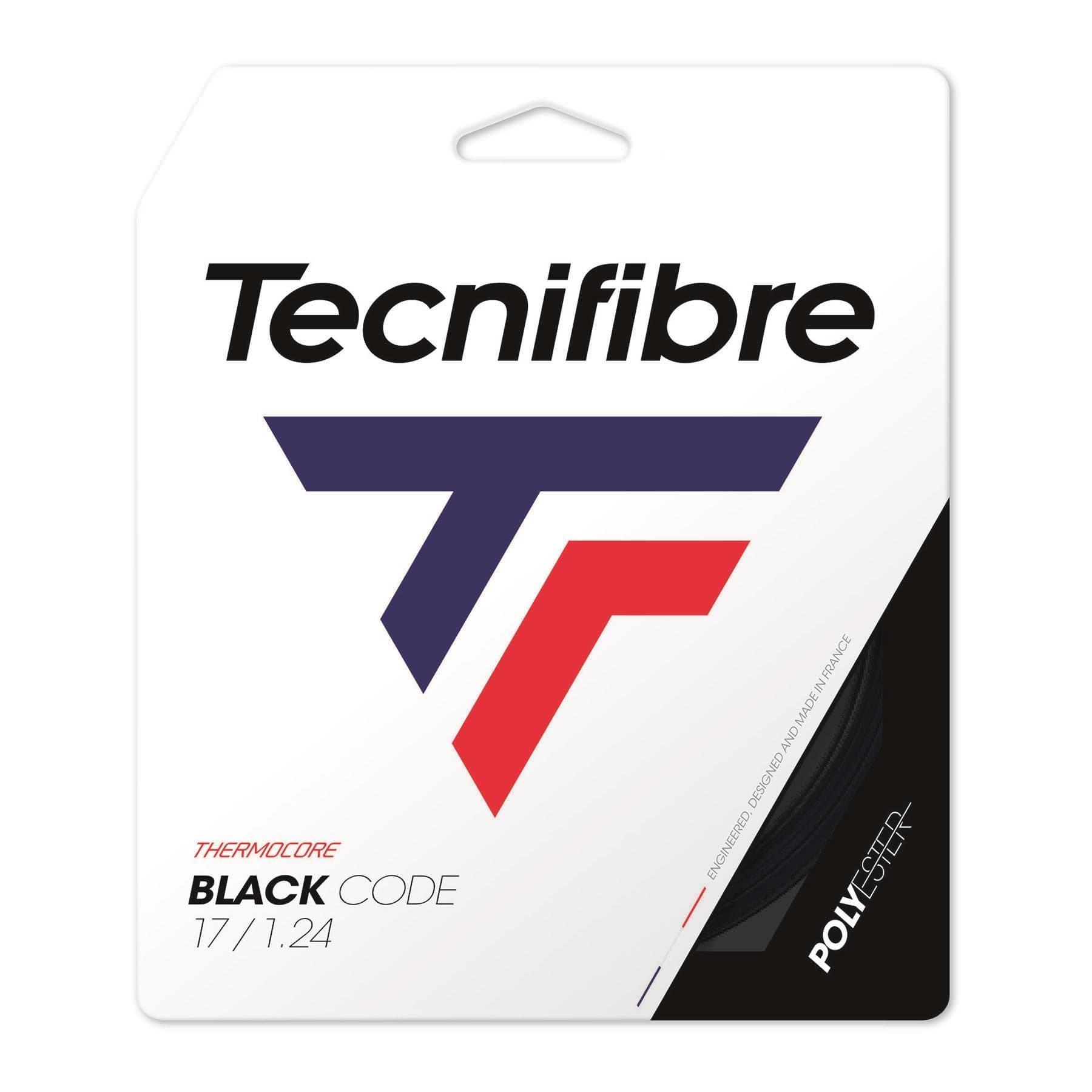 The packaging for the Tecnifibre Black Code 12m Tennis String Set in black features a distinctive stylized "TF" logo in blue and red. It prominently displays the text "Thermocore Black Code 17/1.24," highlighting the advanced Thermocore technology and durable polyester material designed to deliver top performance.