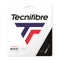 The packaging for the Tecnifibre Black Code 12m Tennis String Set in black features a distinctive stylized "TF" logo in blue and red. It prominently displays the text "Thermocore Black Code 17/1.24," highlighting the advanced Thermocore technology and durable polyester material designed to deliver top performance.
