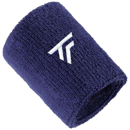 Displayed against a white background is the Tecnifibre Tennis Wristband Sweatband XL in a marine color. It features a stylized letter design with a white embroidered logo. The textured and soft material makes it an ideal choice for those seeking comfort and style.