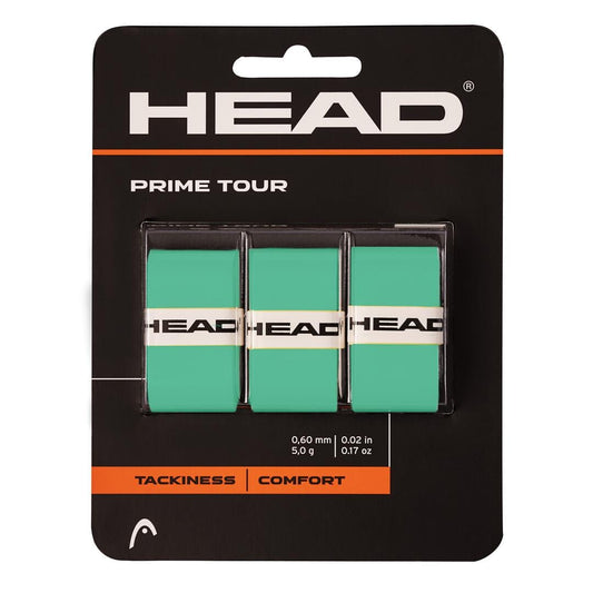 A pack of mint green and white HEAD Prime Tour tennis rackets designed for comfort, featuring a high-quality HEAD Prime Tour Tennis Overgrip (3 Pack) for improved control.
