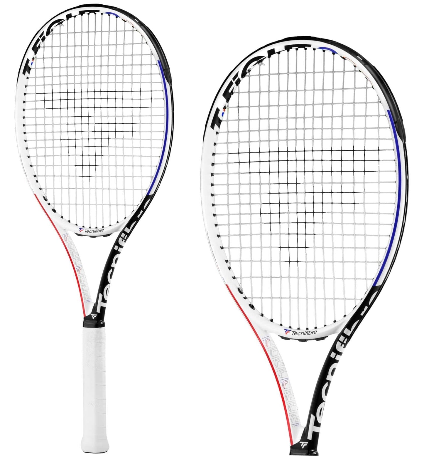 Two Tecnifibre T-Fight 300 RS tennis rackets in white with black, red, and blue accents are shown from front and angled side views. Designed for intermediate to advanced players, the Tecnifibre name features on the frame.