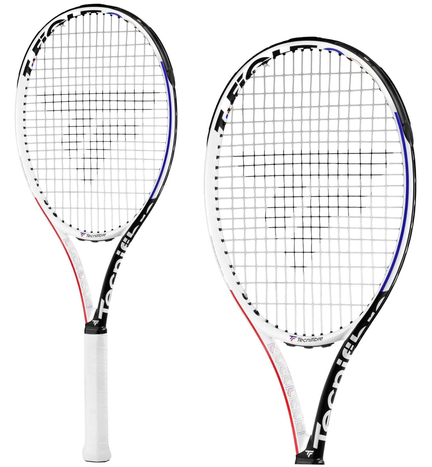 Two Tecnifibre T-Fight 300 RS tennis rackets in white with black, red, and blue accents are shown from front and angled side views. Designed for intermediate to advanced players, the Tecnifibre name features on the frame.