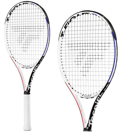 Two Tecnifibre T-Fight 300 RS tennis rackets in white with black, red, and blue accents are shown from front and angled side views. Designed for intermediate to advanced players, the Tecnifibre name features on the frame.