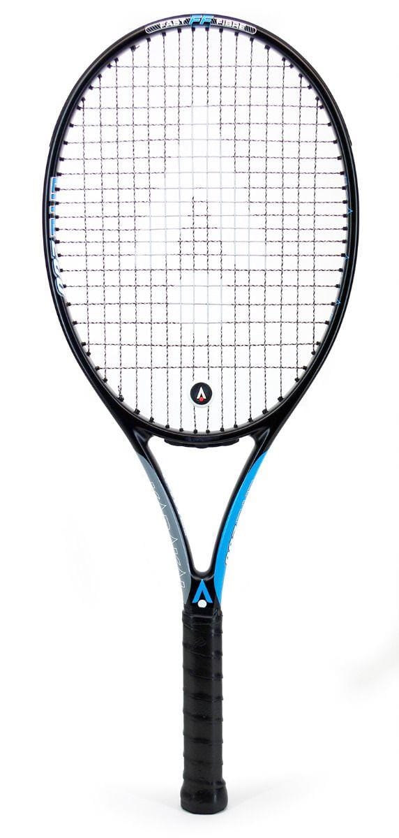 The image features a Karakal Graphite Lite 260 Tennis Racket in black and blue, highlighting its sleek frame and black grip. The precision grid of strings is centered by a logo, showcasing Karakal's Fast Fibre Nano Graphite Gel technology for a remarkably lightweight playing experience.