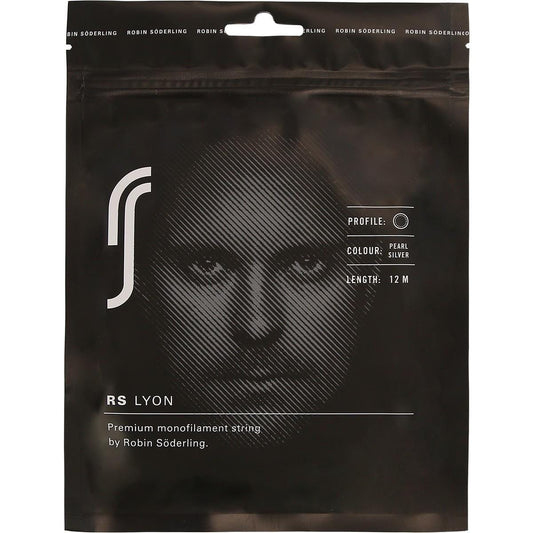 The Robin Soderling RS Lyon Tennis String 12m Set - Silver is presented in sleek black packaging with a grayscale face design. Made from high-performance co-poly material, it boasts details such as "Profile: 1.25mm," "Colour: Pearl Silver," and "Length: 12m," which contribute to better tension maintenance for enhanced gameplay.