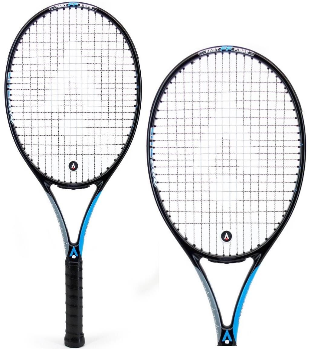 Two Karakal Graphite Lite 260 tennis rackets in black and blue are showcased, featuring black grips and white strings. These lightweight rackets, constructed with Fast Fibre Nano Graphite Gel, are arranged to display both the front and side perspectives.