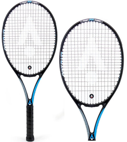 Two Karakal Graphite Lite 260 tennis rackets in black and blue are showcased, featuring black grips and white strings. These lightweight rackets, constructed with Fast Fibre Nano Graphite Gel, are arranged to display both the front and side perspectives.