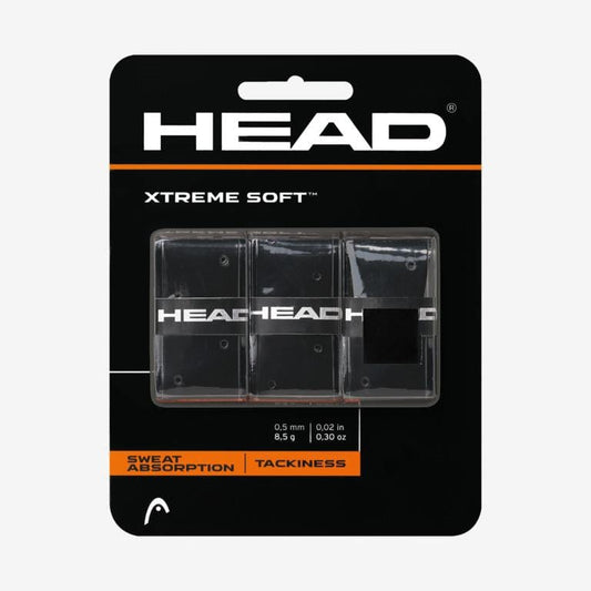 The packaging image features the HEAD Xtreme Soft Tennis Overgrip (3 Pack) in black, highlighting its tacky design that ensures excellent absorption, enhancing performance on the court.