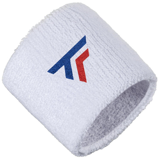 The Tecnifibre Tennis Wristband Sweatband 2 Pack in White, by the brand Tecnifibre, is crafted from soft cotton fabric and adorned with a stylized logo featuring blue and red diagonal stripes, making it ideal for absorbing sweat during intense matches.