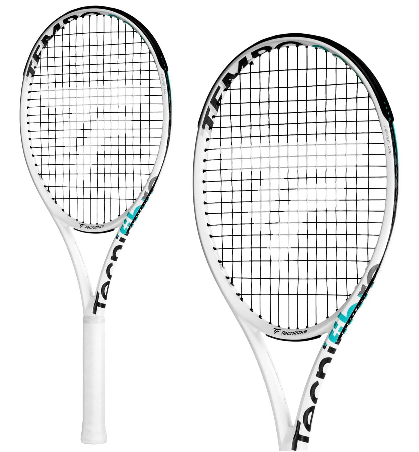 Two Tecnifibre Tempo 285 tennis rackets feature white frames and black strings. With Isoflex technology, the brand logo is noticeable on the strings. "Tecnifibre" is elegantly displayed on the graphite performance racket's frame, with one racket positioned at an angle and the other more frontal.