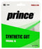 The packaging for the Prince Synthetic Gut Original White String Set by Prince showcases a green and white design. It highlights "Power & Spin" to boost performance, with details on string specifications: 16 gauge, 1.30 mm, and a length of 40 feet (12.2 meters).