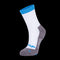 Presented against a black background, the Babolat Pro 360 Men's Sock in White and Diva Blue showcases a blue cuff, white upper, and gray heel and toe. Designed for optimal comfort and support, it features underfoot cushioning, reinforced sections, and a stylish blue logo.