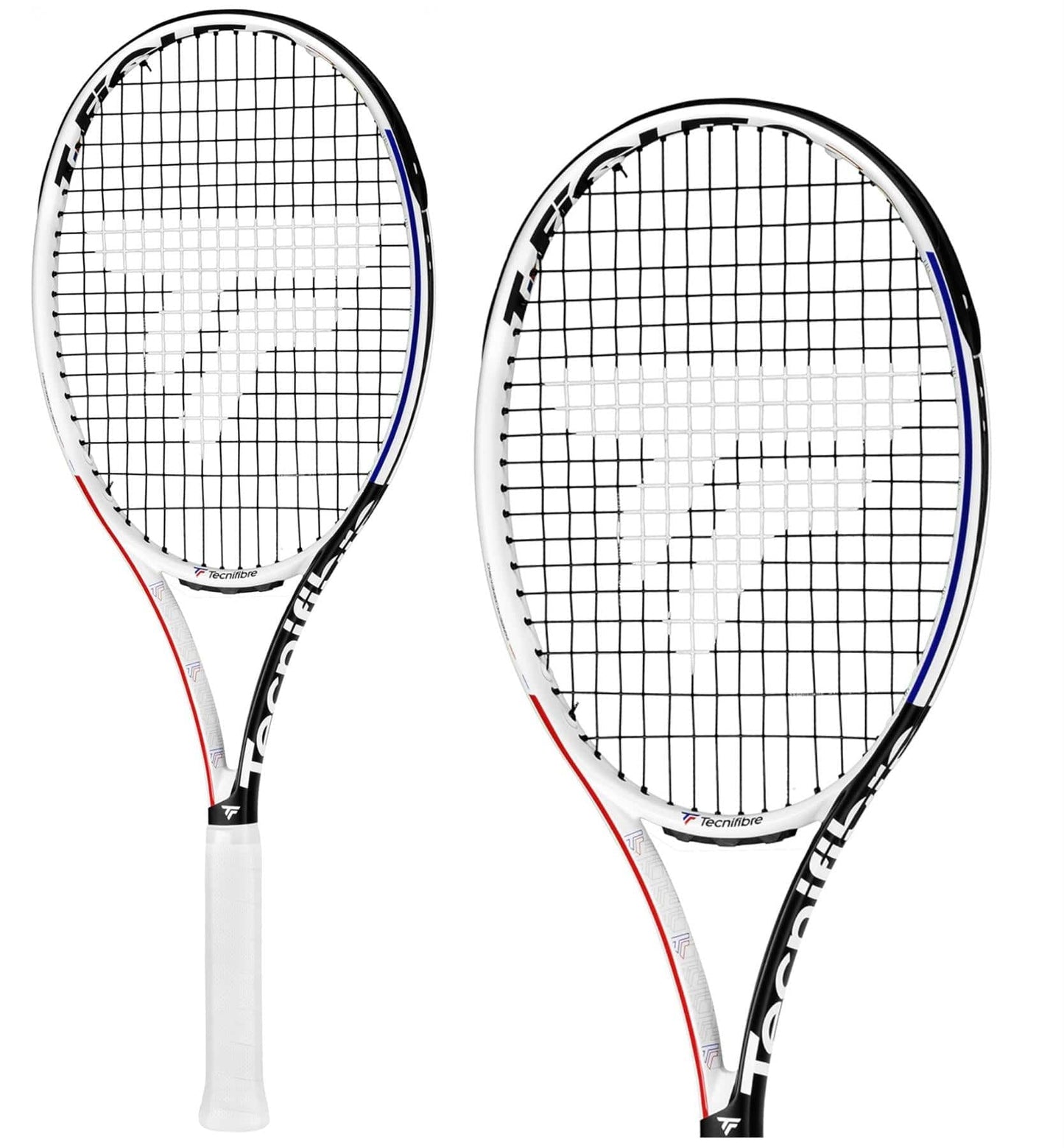 The Tecnifibre T-Fight 270 RSX Tennis Racket - Black / White (Frame Only) features black and white frames accented with red and blue and incorporates Isoflex technology. The strings display a logo design, while the handles have white grips. "Tecnifibre" is prominently displayed along the sides of this racket.