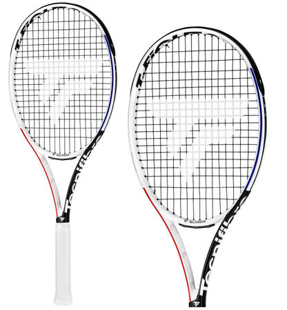 The Tecnifibre T-Fight 270 RSX Tennis Racket - Black / White (Frame Only) features black and white frames accented with red and blue and incorporates Isoflex technology. The strings display a logo design, while the handles have white grips. "Tecnifibre" is prominently displayed along the sides of this racket.