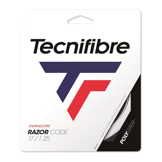 The packaging of the Tecnifibre Razor Code 12m Tennis String Set - White prominently displays a striking logo with red and blue accents on a clean white backdrop, emphasizing that these polyester strings incorporate advanced Thermocore technology.